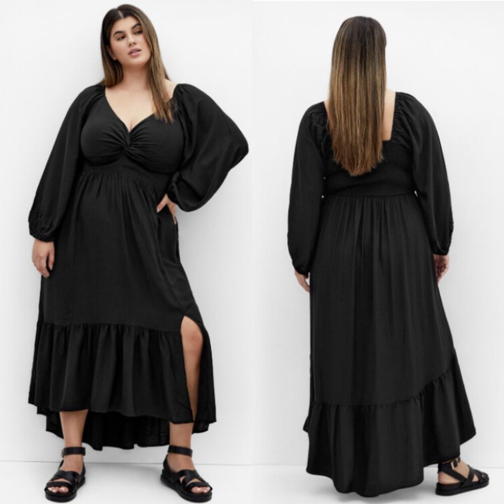 NWT City Chic 18 Black Twist Front Hi-Low Long Sleeve Maxi Dress